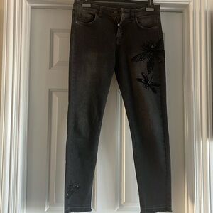 Gorgeous Escada charcoal stretchy jeans with butterfly appliqué